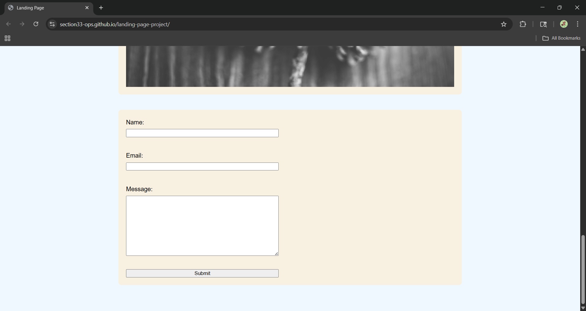 screenshot of the landing page