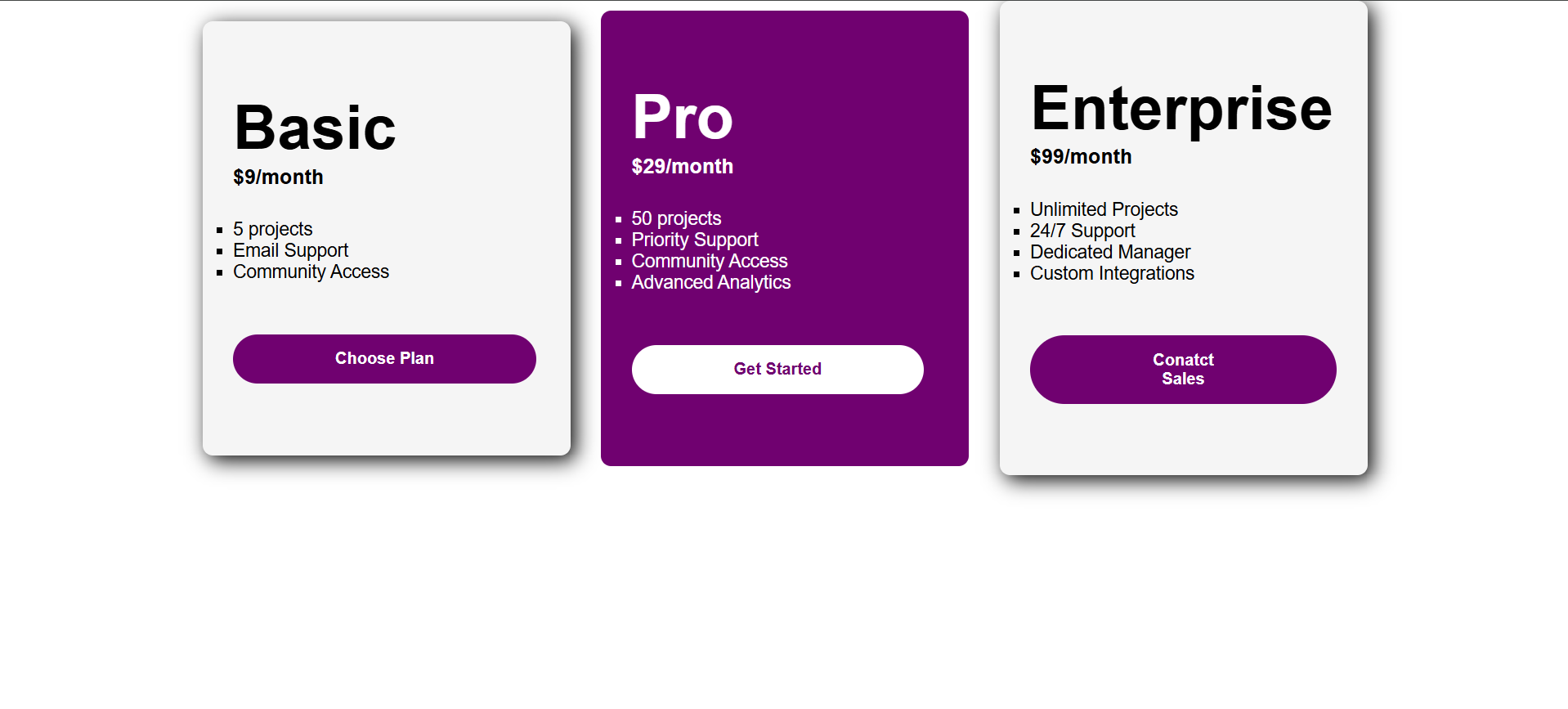 screenshot of the pricing table page