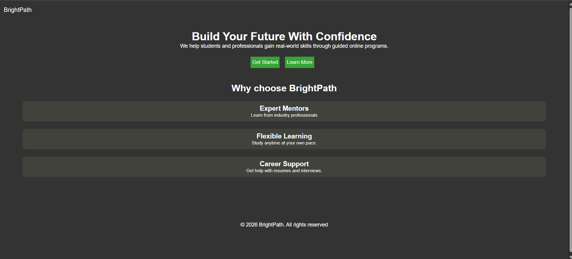 screenshot of the startup landing page